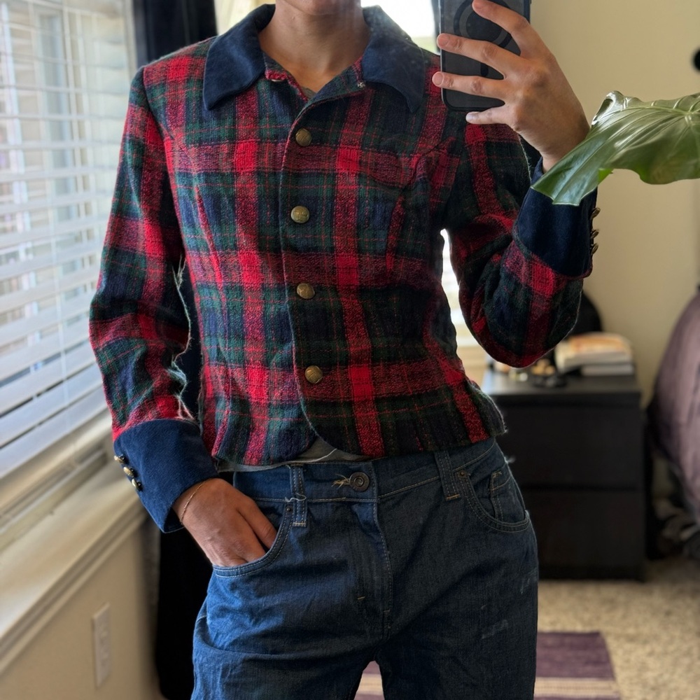 Plaid Button-Up Jacket with Blue Accents